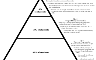Tiered Approach represented in a pyramid. At the base there’s Tier 1: Universal Programming : General classroom education, taught by the regular classroom teacher. Conforms to basic principles of Differentiated Instruction (DI) and Universal Design for Learning (UDL). May include tiered lessons and assessment. All students monitored closely for potential need to move up a tier. (This tier targets 80 % of students). In the middle of the pyramid there’s Tier 2: Targeted Group Interventions: Small (2 to 5 students) group instruction in addition to continued universal programming from Tier 1. Typically 10 to 20 weeks of extra instruction, 30 – 45 minute duration per session. Students may shift back to Tier 1 after successfully mastering a concept or skill. (This tier targets 15% of students). At the tip of the pyramid there’s Tier 3: Intensive Individual Instruction: Intense, individual interventions and instruction. Can include teaching basic learning skills such as organization and note taking. Includes help from outside the classroom, including special education teachers and administration. Students who are struggle in Tier 1 and 2 to this tier are also often referred for further psycho-educational testing, including screening for LDs. (This tier targets 5% of students).