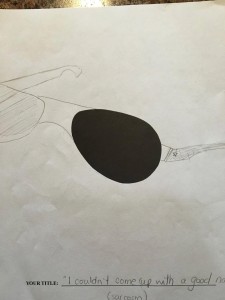 Drawing made in response to a study that tests creativity. A participant was given a page with a black oval in the center and asked to draw a picture using the oval a part. The participant used the oval to represent the lens of a pair of glasses.