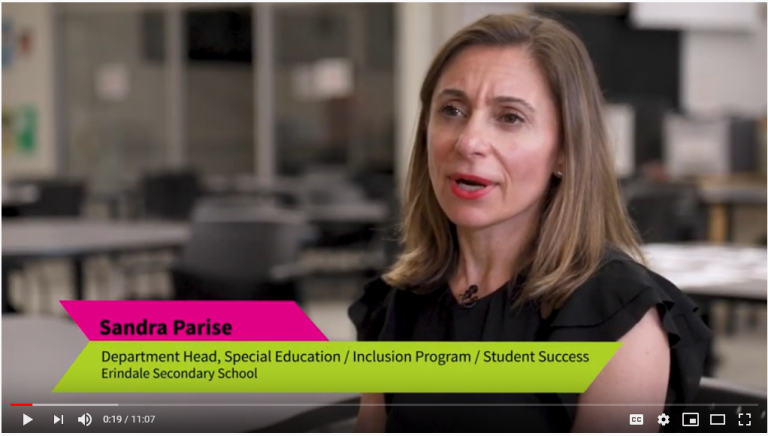 Video still from "Transitioning Students with LDs from Grade 8 to Grade 9" featuring Sandra Parise talking to the camera,