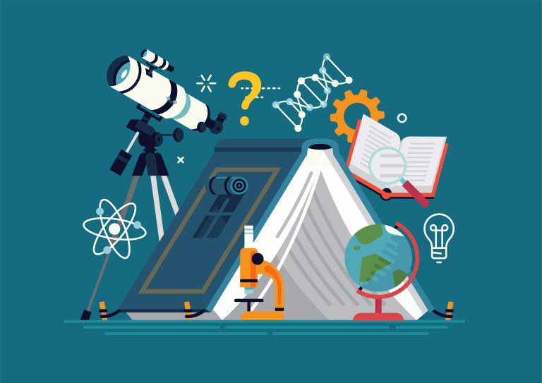 reading for science at home, image of books, a microscope, a telescope and a globe.