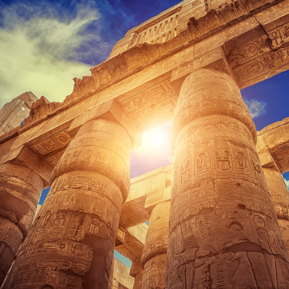 Old pillars with blue sky in background