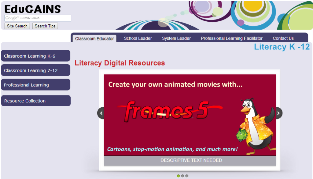 Image of EduGains Literacy Digital Resources website page