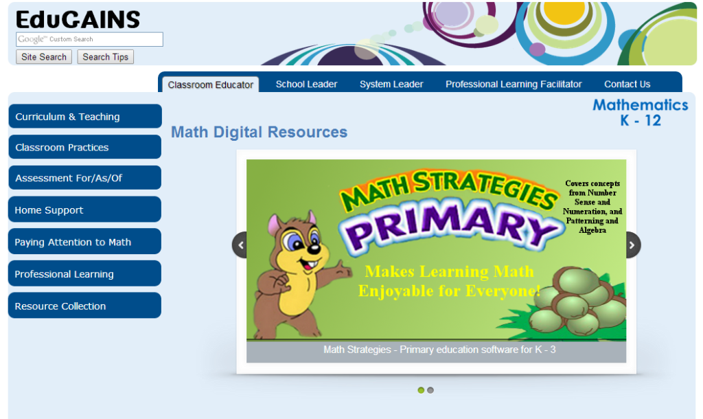 Image of EduGains Math Digital Resources website page
