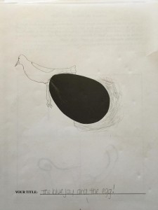 Drawing created by Participant A in a study to test for creativity. The participant was given a page with a black oval in the center and was asked to draw a picture around it. The participant drew a bird and a nest using the black oval as an egg. 