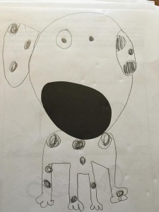 This is participant c's response to a study that tests for creativity. The participant was given a piece of paper with a black oval in the center and asked to draw a picture around the oval. The participant drew a dog using the oval as the dog's nose.
