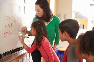 Students and teacher doing math at the whiteboard