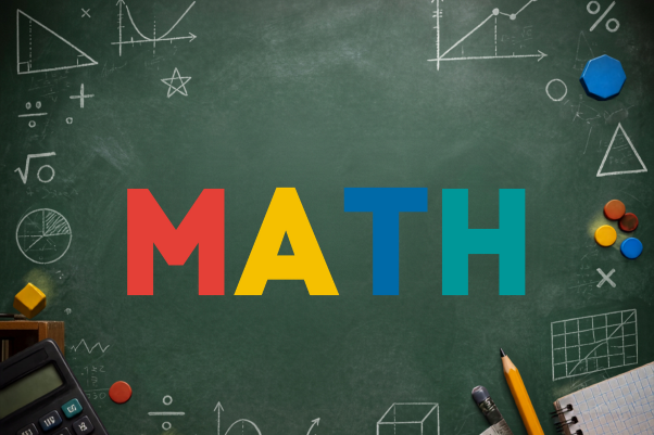 Colourful MATH letters on a chalkboard surrounded by math equations, graphs and classroom tools.