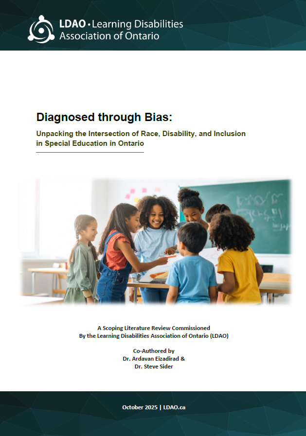 Cover of Diagnosed through Bias: Unpacking the Intersection of Race, Disability, and Inclusion in Special Education in Ontario — a literature review commissioned by the Learning Disabilities Association of Ontario and developed through LD@school.