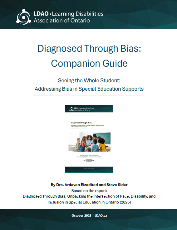 Front cover of the Diagnosed through Bias Companion Guide, showing diverse educators and students in a classroom with the Learning Disabilities Association of Ontario logo.