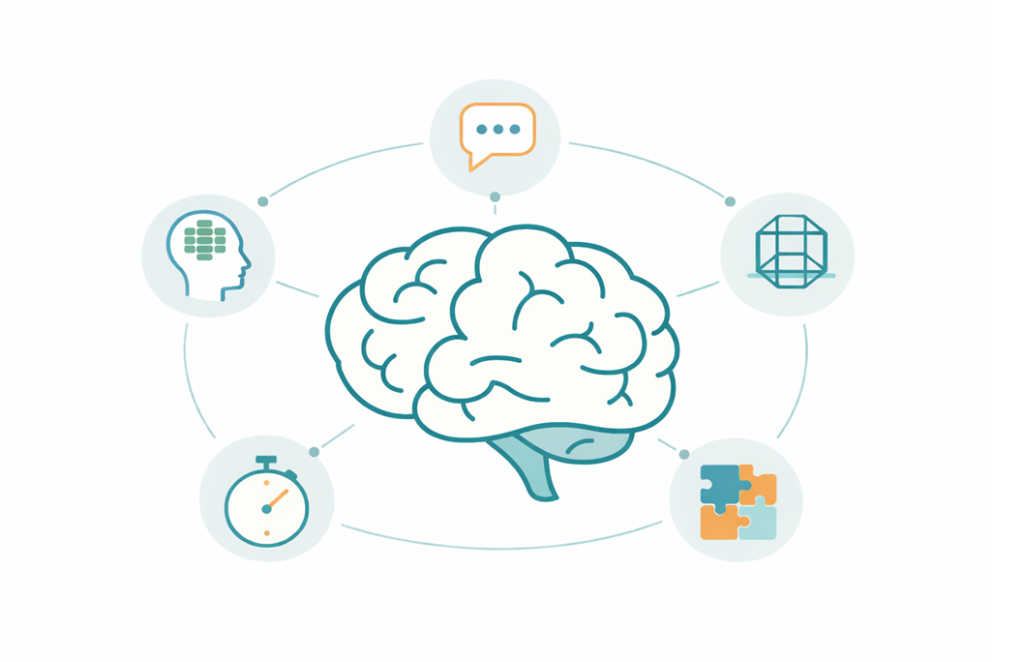 Minimal illustration of a brain centered with five connected icons representing verbal comprehension, visual-spatial skills, fluid reasoning, working memory, and processing speed.