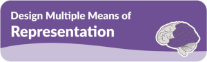Graphic titled “Design Multiple Means of Representation” with a stylized brain icon, representing how information is presented in Universal Design for Learning (UDL).