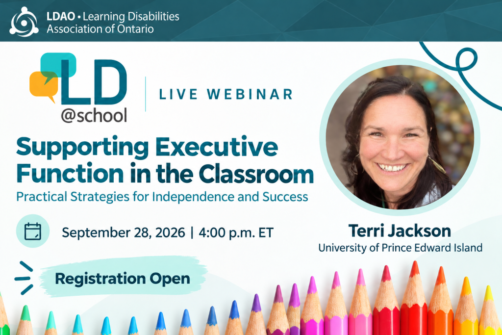 LD@school live webinar graphic for Supporting Executive Function in the Classroom: Practical Strategies for Independence and Success, featuring presenter Terri Jackson and the event date, September 28, 2026 at 4:00 p.m. ET.